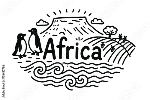 Table Mountain Doodle. Doodle south african table mountain with penguins, vineyards, and waves, center word “Africa” in black and