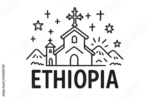 Ethiopian Church Doodle. Doodle ethiopian church with crosses, stars, and mountains, center word “Ethiopia” in black and white