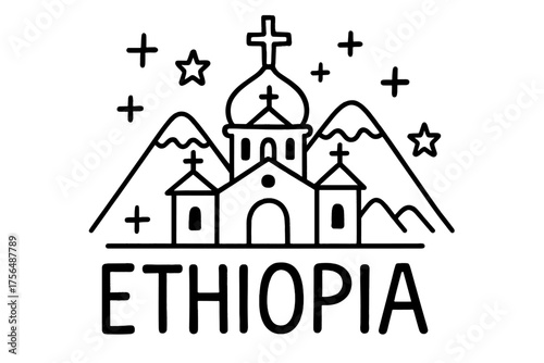 Ethiopian Church Doodle. Doodle ethiopian church with crosses, stars, and mountains, center word “Ethiopia” in black and white