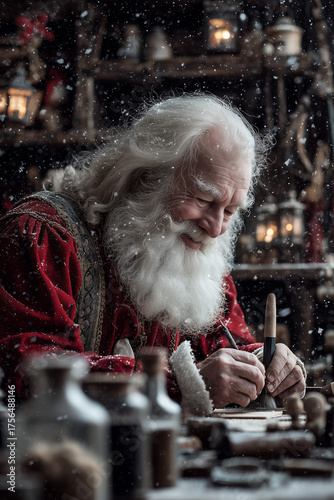 Santa Claus Working in His Workshop Brushing Wooden Toys in Vintage Attire Surrounded by Rustic Tools and Falling Snow