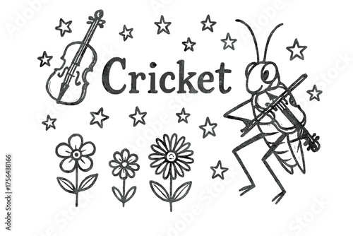 Cricket Symphony Art. Hand-drawn cricket song with violins, stars, and flowers, center word “Cricket” in black and white isolated