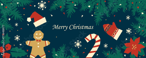 Vector background with pine branchs, candy cane, gingerbread man, holly berries, mitten, poinsettia, Santa hat. Christmas horizontal banner on dark blue background. Colorful cut out elements. Vector 