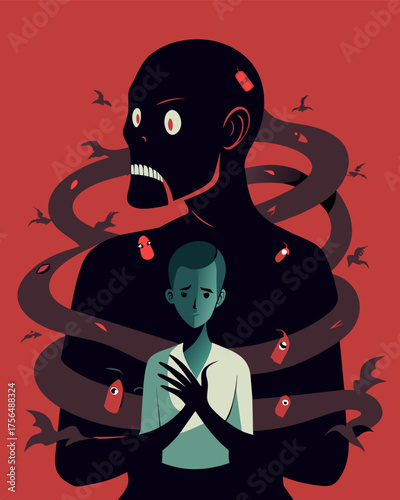 A sinister shadowy figure coiled around a persons neck like a s suffocating them with its toxic words and thoughts.. Vector illustration