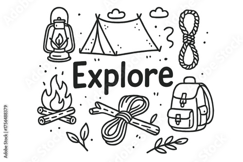 Doodle Explorers Camp. Doodle explorers camp with lanterns, ropes, and fire, center word “Explore” in black and white isolated