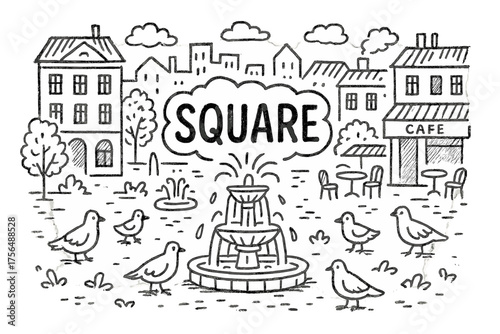 City Square Doodle. Doodle city square with fountains, pigeons, and cafés, center word “Square” in black and white isolated