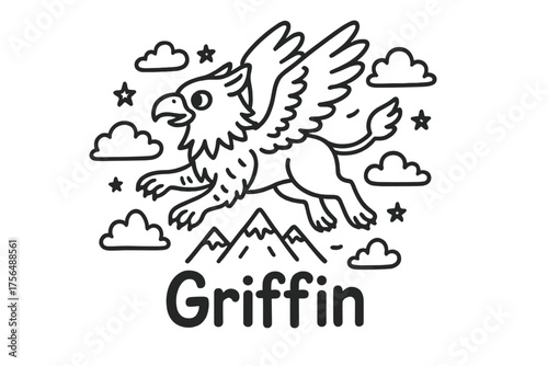Griffin Flight Doodle. Doodle griffin flight with clouds, stars, and mountains, center word “Griffin” in black and white isolated