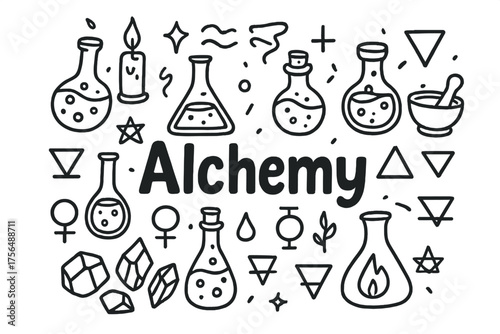 Alchemy Lab Doodle. Doodle alchemy lab with bottles, stones, and symbols, center word “Alchemy” in black and white isolated