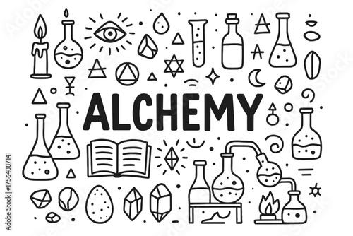 Alchemy Lab Doodle. Doodle alchemy lab with bottles, stones, and symbols, center word “Alchemy” in black and white isolated
