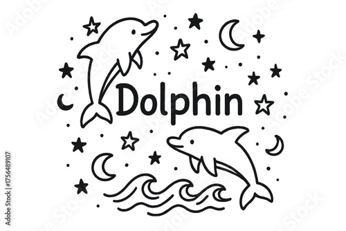 Magical Dolphin Doodle. Doodle magical dolphins with stars, moons, and waves, center word “Dolphin” in black and white isolated