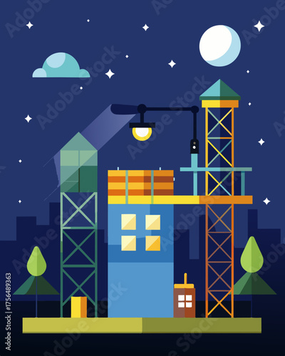 A nighttime construction scene where the site is illuminated by energyefficient solar lights installed on top of scaffolding.. Vector illustration