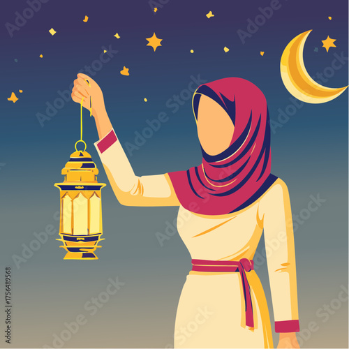 muslim woman lighting eid lantern minimalist editorial vector for holiday features greeting cards and serene campaign visuals with calm negative space