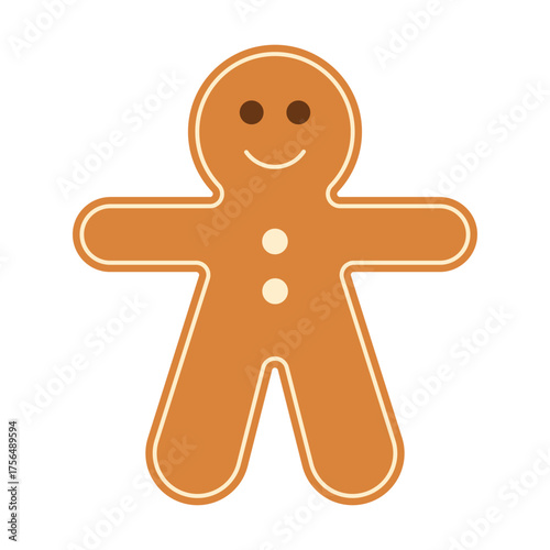 Gingerbread man christmas icon. Cartoon holiday biscuit or cookie flat design, simple christmas symbol for cards, food apps and websites. Vector illustration