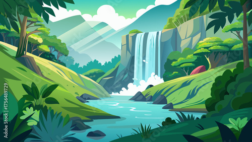 Very beautiful serene waterfall cascading down a lush green hill, surrounded by misty air and vibrant foliage, capturing the essence of flowing water and peaceful natural splendor.