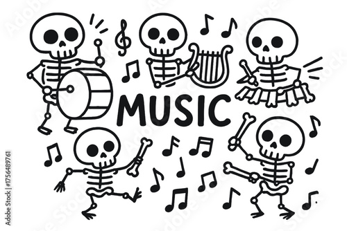 Skeletal Music Ensemble. Doodle skeletal musicians with drums, lyres, and bones, center word “Music” in black and white isolated