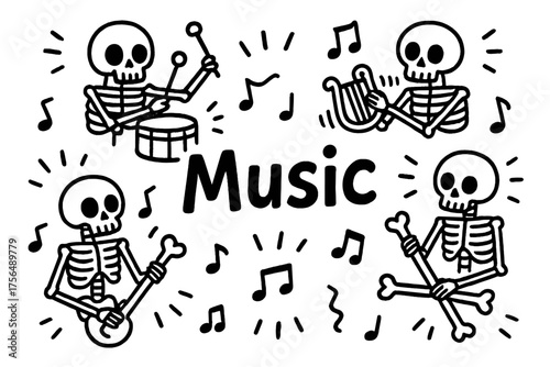Skeletal Music Ensemble. Doodle skeletal musicians with drums, lyres, and bones, center word “Music” in black and white isolated