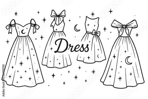 Elegant Dress Design. Hand-drawn elegant dresses with bows, moons, and sparkles, center word “Dress” in black and white isolated