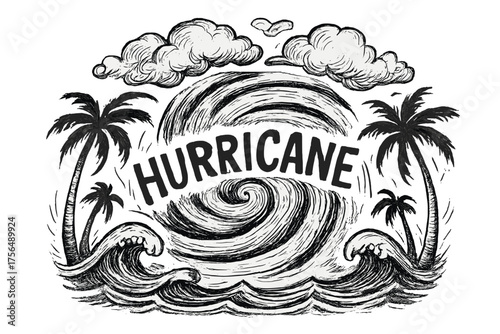 Hurricane Fury Artwork. Hand-drawn hurricane with waves, palms, and clouds, center word “Hurricane” in black and white isolated