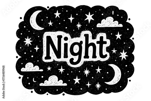 Eternal Night Doodle. Doodle eternal night with moons, stars, and black skies, center word “Night” in black and white isolated