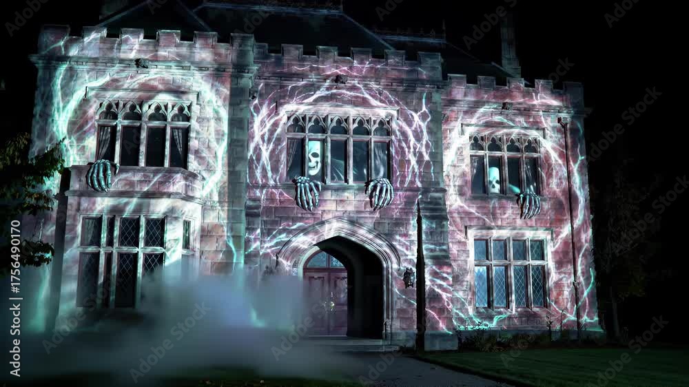 A spooky haunted house at night, transformed for Halloween with eerie ...