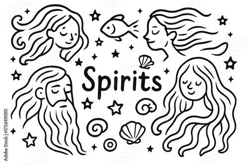 Ocean Spirits Doodle. Doodle ocean spirits with stars, shells, and glowing fish, center word “Spirits” in black and white isolated