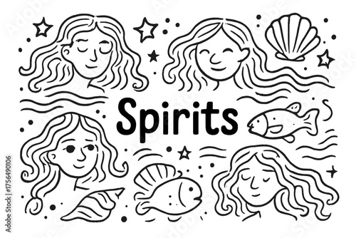 Ocean Spirits Doodle. Doodle ocean spirits with stars, shells, and glowing fish, center word “Spirits” in black and white isolated