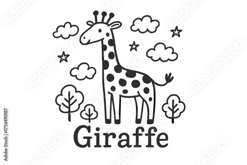 Giraffe in Nature. Hand-drawn giraffe with clouds, trees, and stars, center word “Giraffe” in black and white isolated transparent