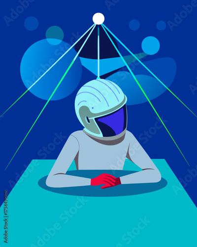 A person lying on a table their head encased in a silver helmet surrounded by blue laser beams that scan and alter their brain.. Vector illustration