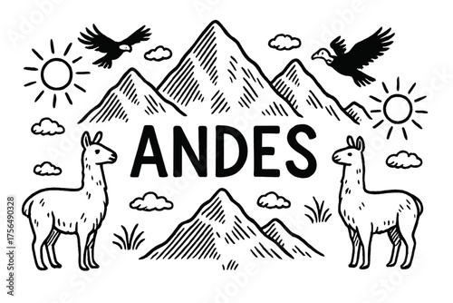 Andes Wildlife Sketch. Hand-drawn andes mountains with llamas, suns, and condors, center word “Andes” in black and white isolated
