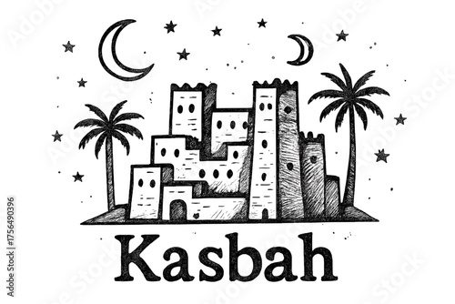 Desert Kasbah Nightscape. Hand-drawn desert kasbah with stars, moons, and palm trees, center word “Kasbah” in black and white