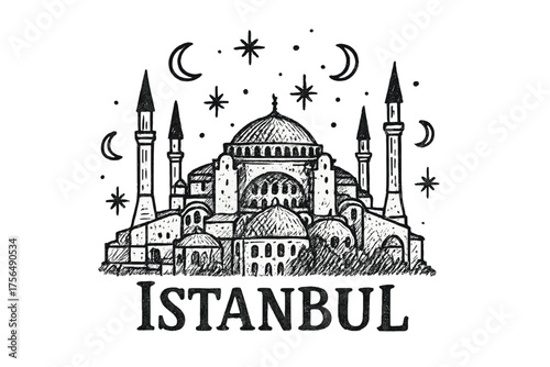 Hagia Sophia Sketch. Hand-drawn hagia sophia with domes, stars, and moons, center word “Istanbul” in black and white isolated