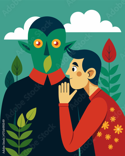 A sly whisper whispers sinister secrets into the ear of their victim planting seeds of doubt and fear in their mind to further their manipulative agenda.. Vector illustration