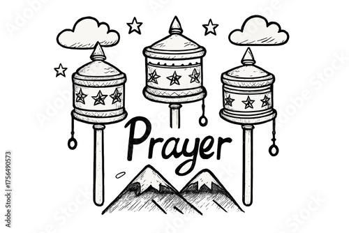 Prayer Wheels Art. Hand-drawn prayer wheels with stars, mountains, and clouds, center word “Prayer” in black and white isolated