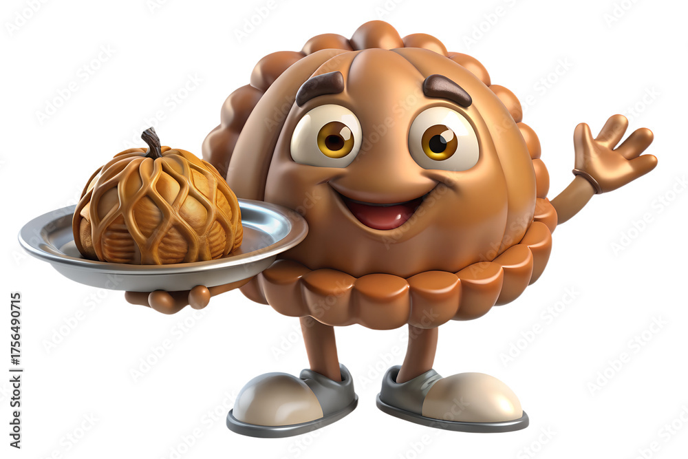 Obraz premium Cartoon pie character holding a smaller pie on a plate with a welcoming gesture and smiling face on transparent background