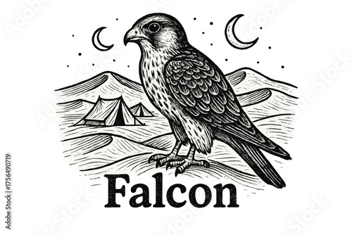 Desert Falcon Art. Hand-drawn desert falcon with tents, moons, and dunes, center word “Falcon” in black and white isolated