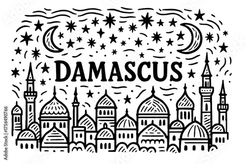 Damascus Starry Night. Hand-drawn damascus night with stars, moons, and domes, center word “Damascus” in black and white isolated