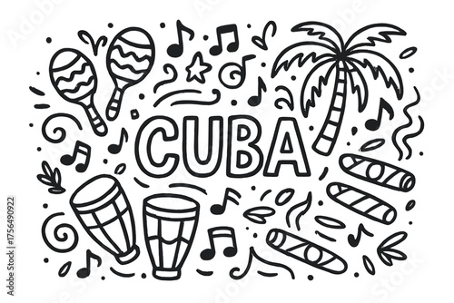 Cuban Music Doodle. Doodle cuban music with maracas, cigars, and palm trees, center word “Cuba” in black and white isolated