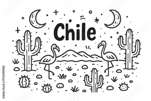 Chilean Desert Doodle. Doodle chilean desert with cacti, moons, and flamingos, center word “Chile” in black and white isolated