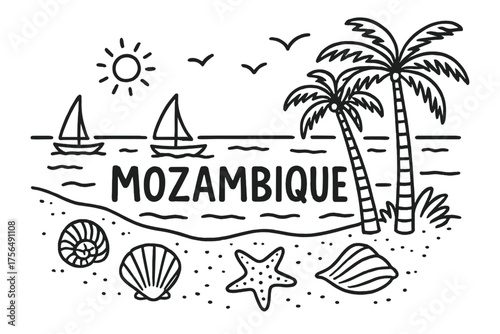 Mozambique Beach Doodle. Doodle mozambican beach with shells, boats, and palms, center word “Mozambique” in black and white