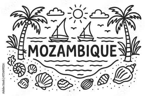 Mozambique Beach Doodle. Doodle mozambican beach with shells, boats, and palms, center word “Mozambique” in black and white