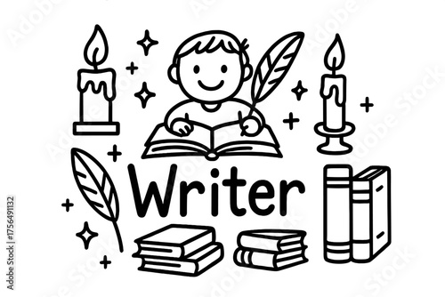 Writer's Nook Doodle. Doodle writer with books, quills, and candles, center word “Writer” in black and white isolated transparent