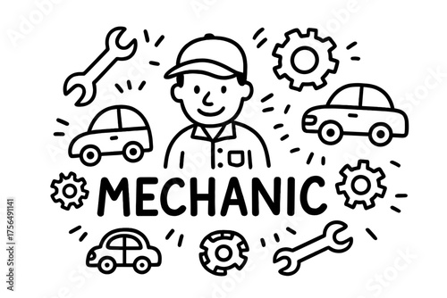 Doodle Mechanic Design. Doodle mechanic with wrenches, gears, and cars, center word “Mechanic” in black and white isolated
