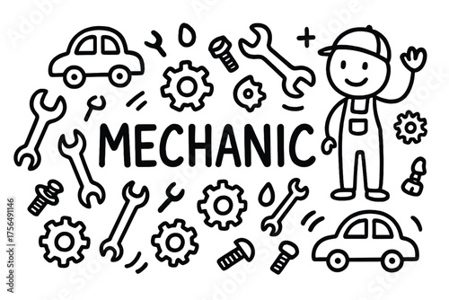 Doodle Mechanic Design. Doodle mechanic with wrenches, gears, and cars, center word “Mechanic” in black and white isolated