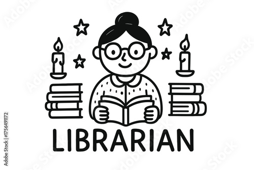 Doodled Librarian Delight. Doodle librarian with books, candles, and stars, center word “Librarian” in black and white isolated