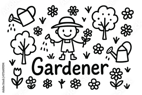 Doodle Gardener Art. Doodle gardener with flowers, trees, and watering cans, center word “Gardener” in black and white isolated