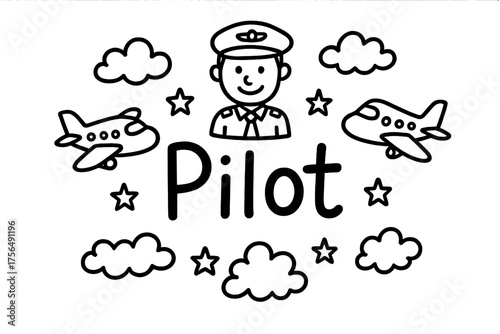 Pilot Sketch with Airplanes. Doodle pilot with airplanes, clouds, and stars, center word “Pilot” in black and white isolated