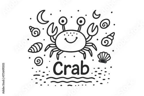 Crab Doodle Art. Doodle crab with shells, moons, and sand, center word “Crab” in black and white isolated transparent background