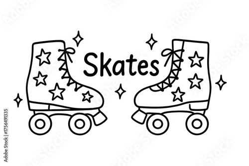 Skates Doodle with Stars. Doodle roller skates with stars, laces, and sparkles, center word “Skates” in black and white isolated
