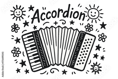 Celestial Accordion Doodle. Doodle accordion with stars, suns, and flowers, center word “Accordion” in black and white isolated