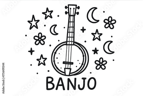 Banjo Doodle Design. Doodle banjo with stars, moons, and flowers, center word “Banjo” in black and white isolated transparent