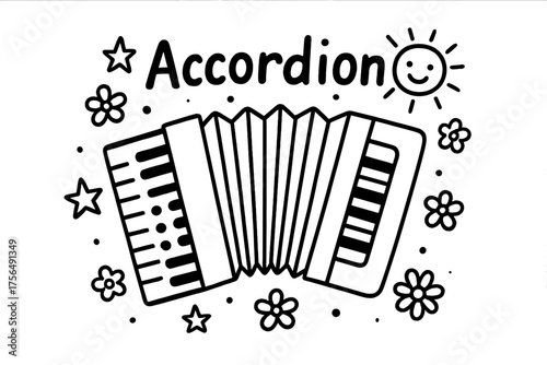 Celestial Accordion Doodle. Doodle accordion with stars, suns, and flowers, center word “Accordion” in black and white isolated